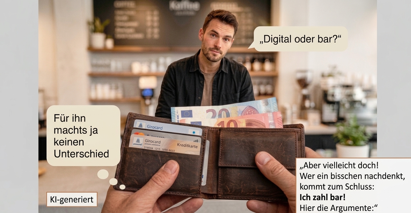 Ein Kunde hält seine Geldbörse mit Scheinen und Karten auf; im Hintergrund fragt der Verkäufer „Digital oder bar?“ — die Antwort: „Ich zahl bar.“